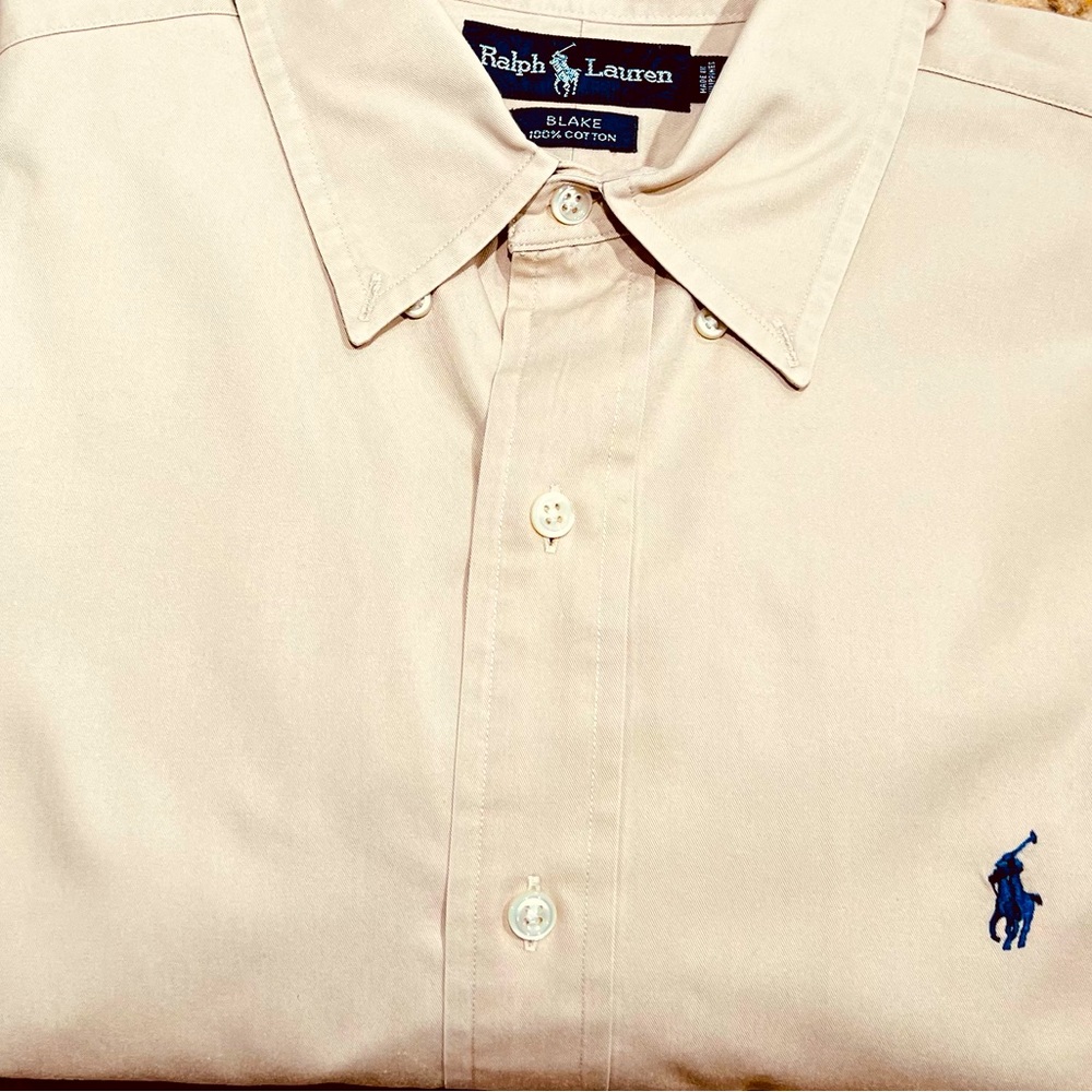 Ralph Lauren Long Sleeve Blake Large Shirt. 100% Cotton. Beige with Navy Pony